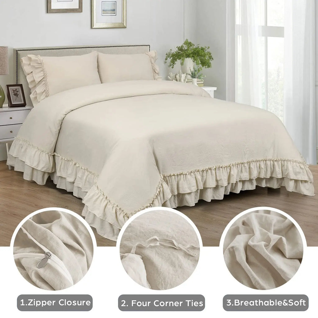 3 Piece Ruffled Duvet Cover Set Queen
