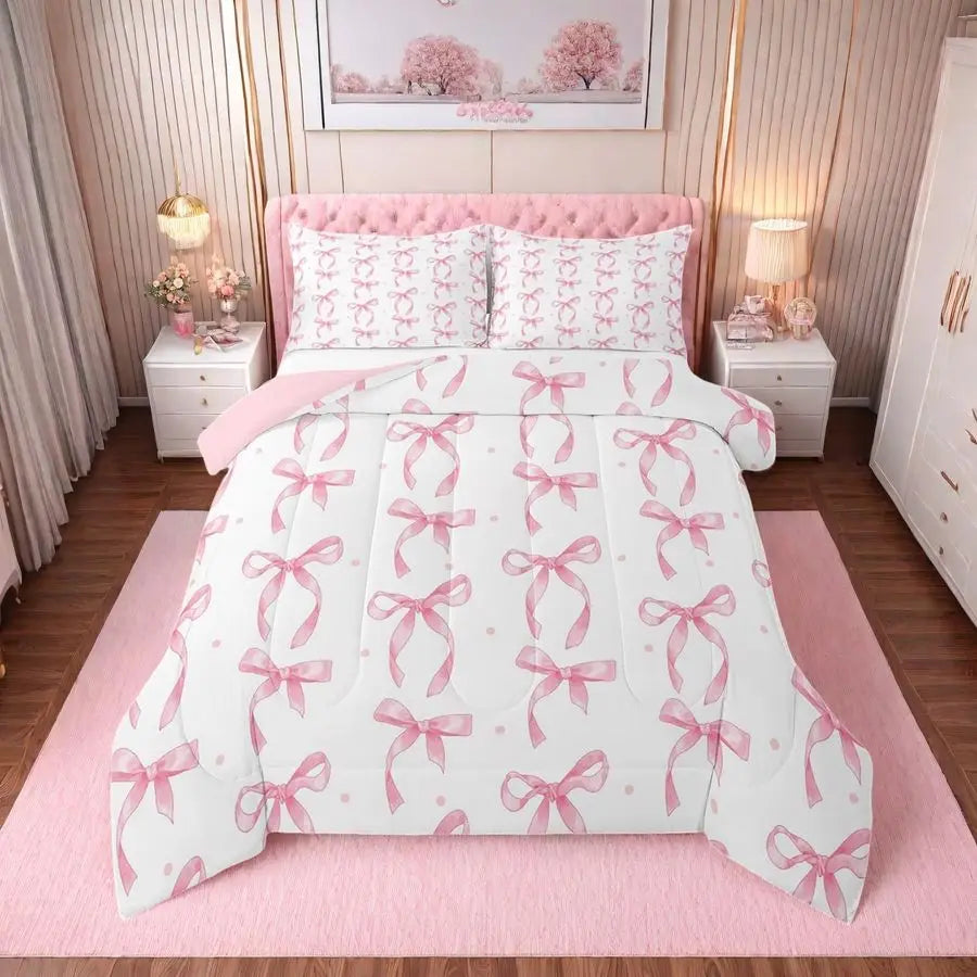 Cute Pink Bow Twin Bedding Set for Girls