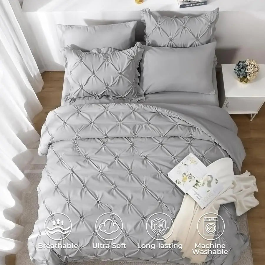 Grey Queen Comforter Set - 7 Piece Pintuck Bedding