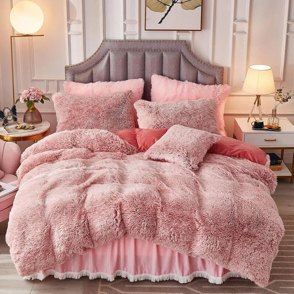 King Size Pink Ombre Crystal Velvet 3-Piece Shaggy Bedding Set