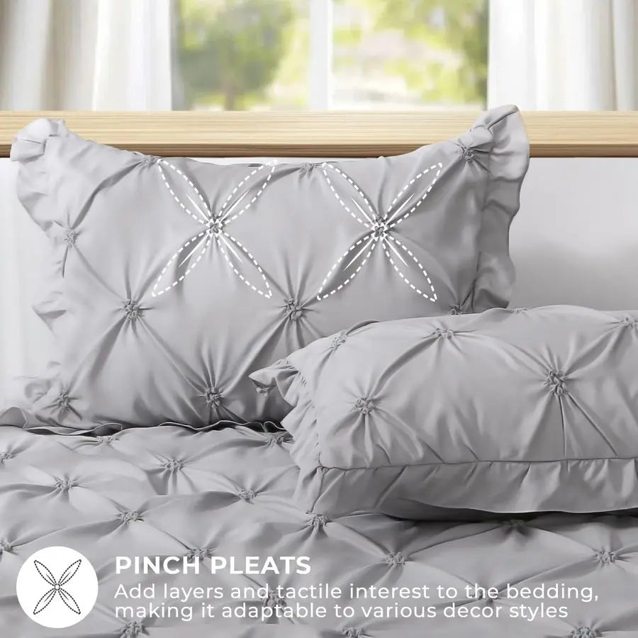 Grey Queen Comforter Set - 7 Piece Pintuck Bedding