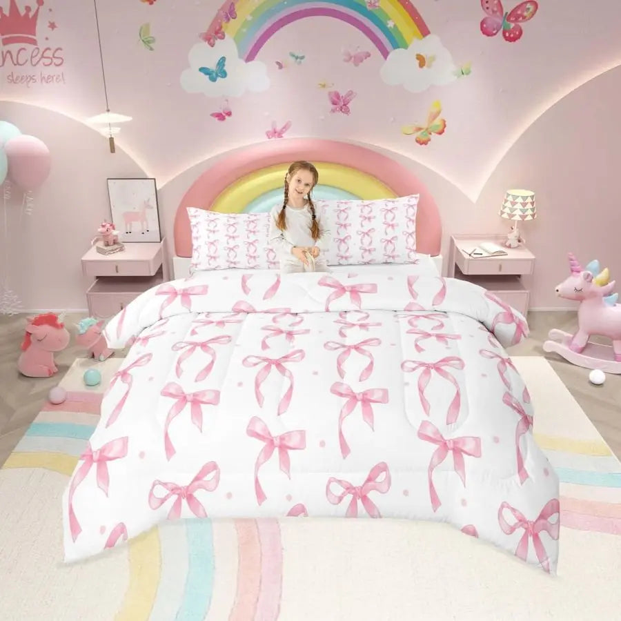 Cute Pink Bow Twin Bedding Set for Girls