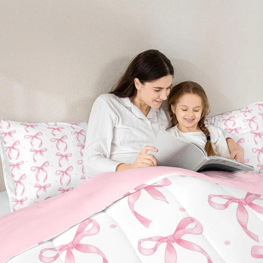 Cute Pink Bow Twin Bedding Set for Girls