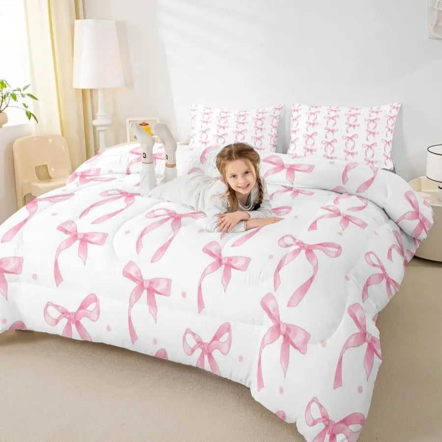 Cute Pink Bow Twin Bedding Set for Girls