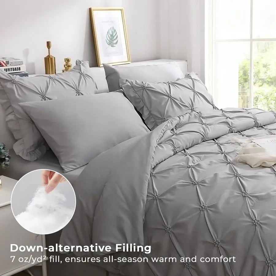 Grey Queen Comforter Set - 7 Piece Pintuck Bedding